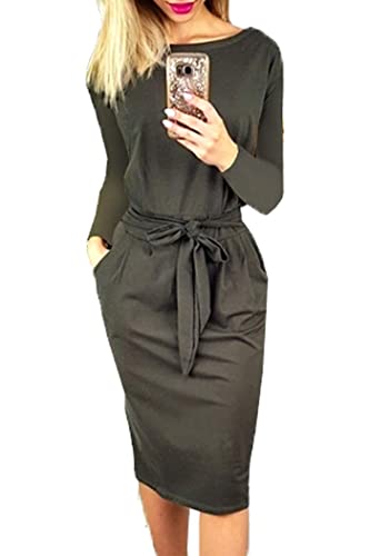 PRETTYGARDEN Womens Fall Bodycon Party Dress Casual Long Sleeve Tie Waist Fitted Sheath Pencil Dresses with Pockets (Dark Grey,Large)