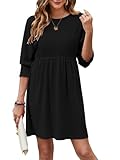 Bluetime Crew Neck Summer Dress for Women Casual 3/4 Sleeve Smocked Flowy Dresses Cute Babydoll Dress Casual Soft Sundresses Black Large