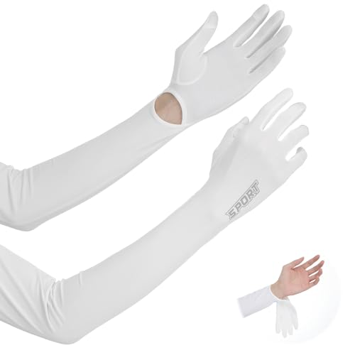 Guantes de protección solar UV para mujer, con protección solar UPF 50, guantes de conducción solar, guantes de protección de dedo completo para exteriores, Blanco, Largo