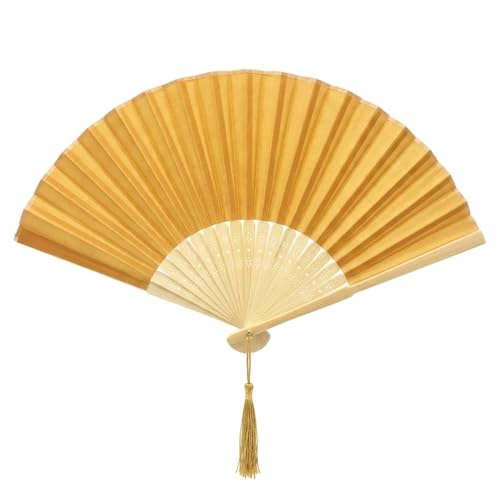 Image of Fabric Folding Hand Fan with Tassel - Grade A Bamboo Ribs for Women (Dark Gold Yellow)