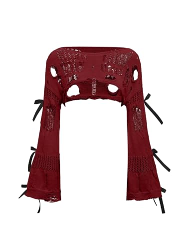 Women's Hollow Out Ripped Bow Sweater Bell Long Sleeve Cropped Crochet Shrug