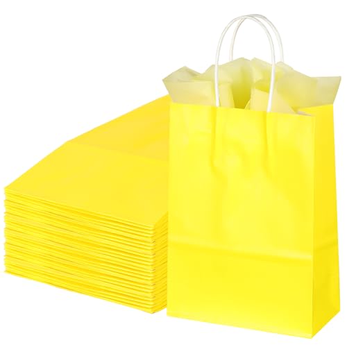 Image of BLEWINDZ 32Pcs Small Paper Gift Bags with Tissues, Yellow Party Favor Bags with Handles, 8.7 inch Goodie Bag for Birthday, Shopping, Party Supplies