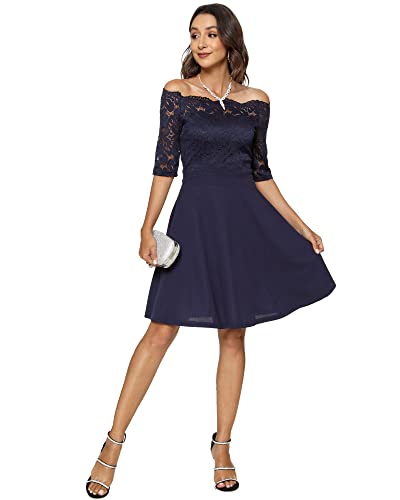 Image of Atnlewhi Womens Vintage Lace Floral Off Shoulder Elegant Swing Dresses A-line Mini Dress for Party Cocktail Wedding