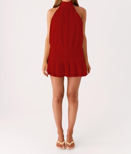 Image of Women's 2026 Summer Halter Dress Sleeveless Open Back Ruffle Tiered Layered Chiffon Pleated A Line Swing Mini Dress