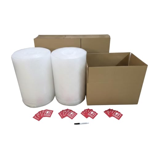 Kit Déménagement T2 Complet – 20 Cartons 54L (Renforcés 4mm) + 2 Rouleau Bulle 50cm x 20m + Feutre + 20 Étiquettes Fragile – Pack Tout-en-Un...