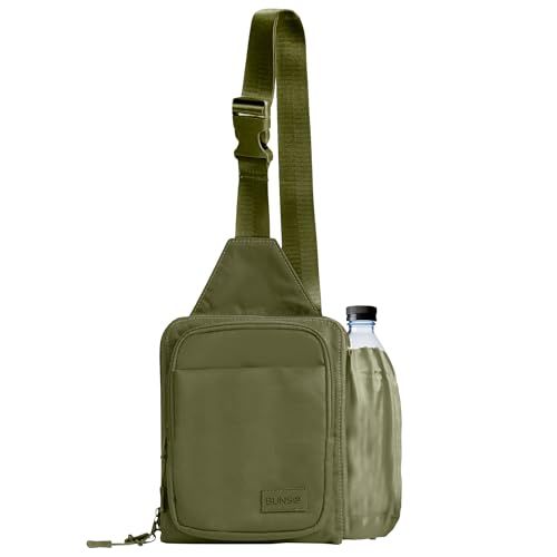 BUNSO Everyday Sling Bag for Women and Men, Water-Resistant Nylon Sling Bag for Men, 7” x 2.5” x 9” Small Crossbody Bag with Waterbottle Holder, Olive Green