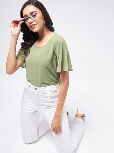 Image of Zima Leto Women's Stylish Sheer Crop Top | Trendy Solid Lightweight Blouse with Half Sleeves | Chic Casual Summer Party Top for Girls | Modern Layering Outfit for Office, Travel & Daily Fashion
