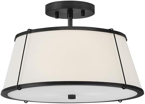 Hinkley Clarke Medium Semi-Flush Mount Ceiling Light, Off-White Linen Tapered Drum Shade, Classic, Diffuser, Black Finish