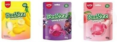 Peelerz Peelable Gummy Candy 65g 3 Pack of 3 Flavours (Peach Mango & Grape) Made with Fruit Juice Fun Peelable Candy Innovation Soft Chewy Gummies Resealable Bags Sweet Treat Snack for All Ages
