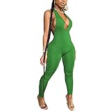LuFeng Women's Sexy Bodycon Halter Deep V Neck Backless Party Long Jumpsuits Romper (M, Green, m)