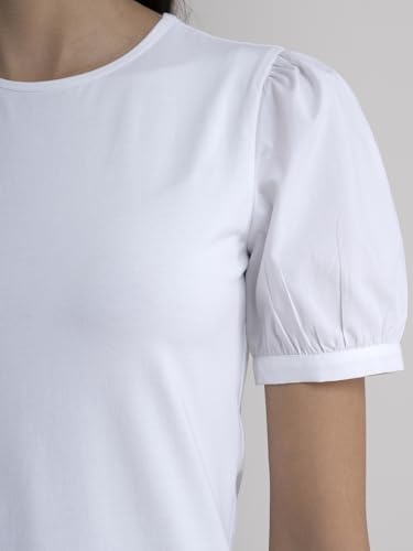 Image of FableStreet Women Casual T-Shirt | Crew Neck Design with Puff Sleeves & Straight Hem | Soft Cotton Jersey Fabric for Comfortable Weekend Outings