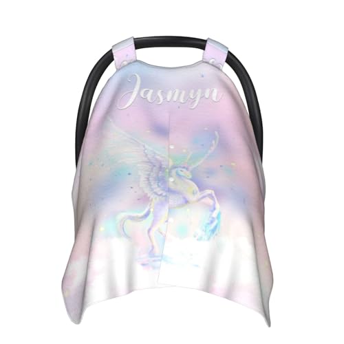 Personalized Baby Car Seat Canopy for Babies with Name, Custom Flying Unicorn Stroller Car Seat Covers for Girls, Minky Nursing Carseat Cover for Breastfeeding, Car Seat Canopies for Newborn