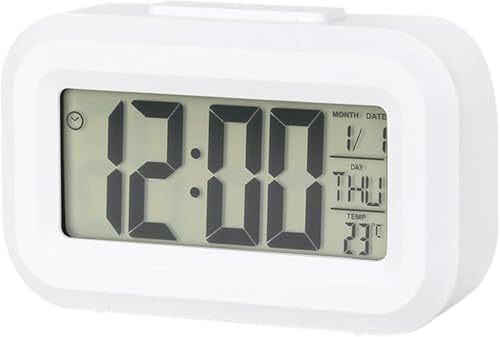 Kadio Small Digital Alarm Clock Large Display Bedside Clock with Luminous Temperature Calendar, Battery Powered Alarm Clock for Bedroom Office Desk Table (White)