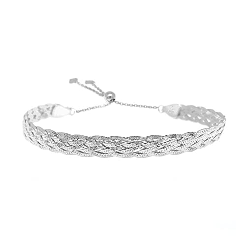 Savlano 925 Sterling Silver Braided Herringbone Chain Adjustable Bolo Slider Bracelet – 18K Gold Plated Over Silver Bracelet for Women - Made In Italy Comes with a Gift Box