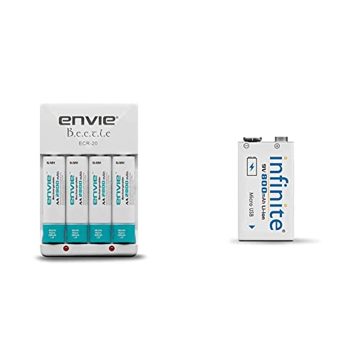 Image of ENVIE (ECR20+AA2800 4PL) Charger for AA & AAA Rechargeable Batteries & Infinite 9V 800 maH Li-ion Rechargeable Battery ERB 9V MU