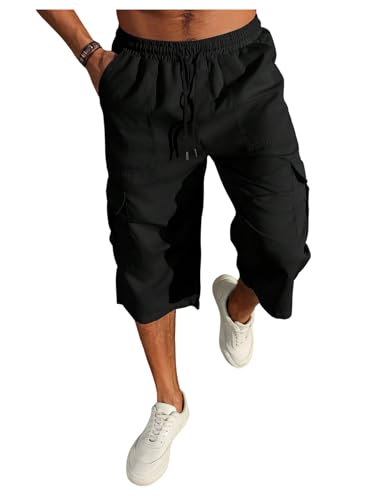 GORGLITTER Men's Baggy Capri Pants Drawstring Waist Straight Leg Flap Pocket Cargo Pants Streetwear