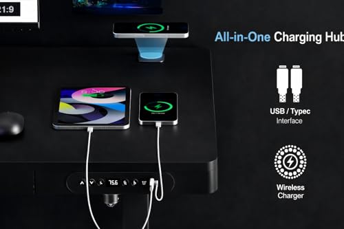 Image of H25 Electric Height Adjustable Desk with Wireless Charging, USB & Type-C Ports, Storage Drawer| Child Safety Lock | Sit-Stand Office Table, Black Top & Black Frame, 3-Year Warranty | DIY
