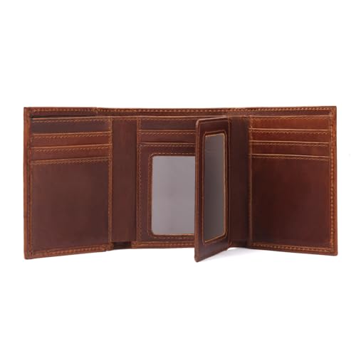 Mens Trifold Wallet with 2 ID Window，Large-capacity Genuine Leather RFID Blocking Wallet for Men (Brown)