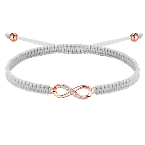 J.Endéar Pulsera Cordón de la Suerte, Oro Rosa Infinito Pulsera Plata 925 con Circonita para Mujer, Joyería Trenzada para Niña, Pulsera Adolescente Ajustable, Gris