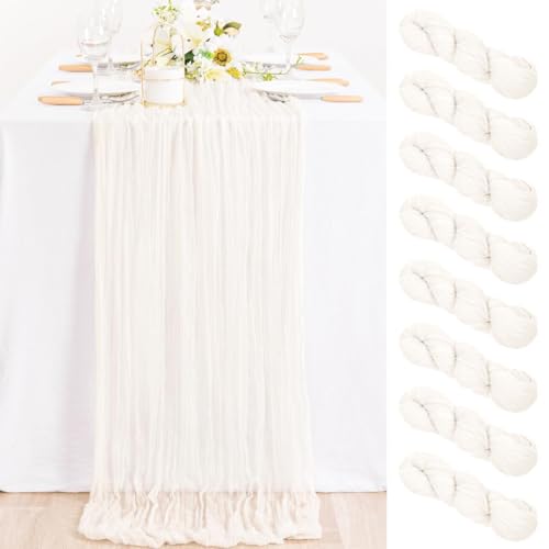 Image of MLMC 8 Pack Ivory White Table Runner Rustic Gauze Cheesecloth Table Runner 10ft Cheese Cloth Cenerpiece 35x120 Inches for Dessert Anniversary Wedding Bridal Baby Shower Decor