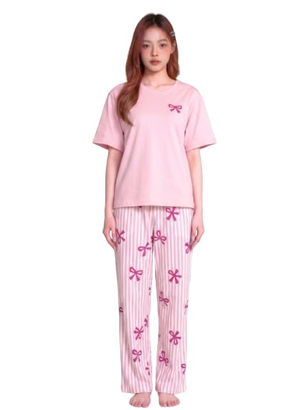 Women's Pink Bow Print Night Suit, Short Sleeve Top with Striped Pyjama Set-image-45