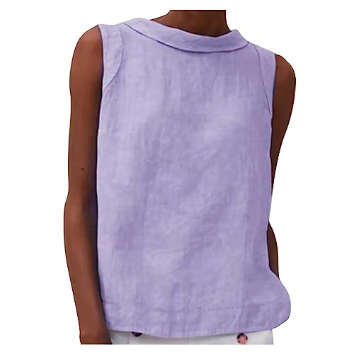 Baumwoll-Leinen-Oberteil für Damen, ärmellos, Basic-Sommer-Tank-Top, lässiger Rundhalsausschnitt, lockere Passform, bequemes T-Shirt Damen-Tanktop aus Leinen, einfarbig, großer fallender Kragen