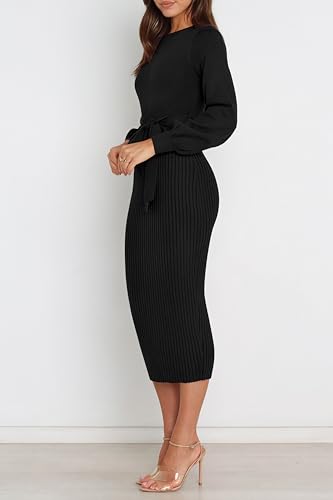 Image of HAEOF Womens 2026 Fall Midi Sweater Dress Winter Puff Long Sleeve Bodycon Ribbed Knit Trendy Business Casual Work Dresses