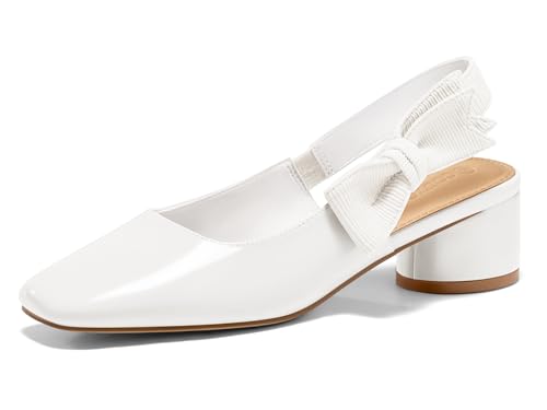 Coutgo Women's Low Block Heels Slingback Bow Closed Square Toe Slip On Work Pumps Dress Shoes, White, Size 8