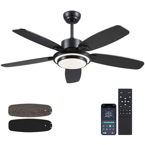 Hounberi Ceiling Fans with Lights,50“ Modern Black Ceiling Fan and Remote/APP Control,5 Dual Finish Blades Dimmable 3-Color LED Fandelier for Indoor Dinning Room,Bedroom