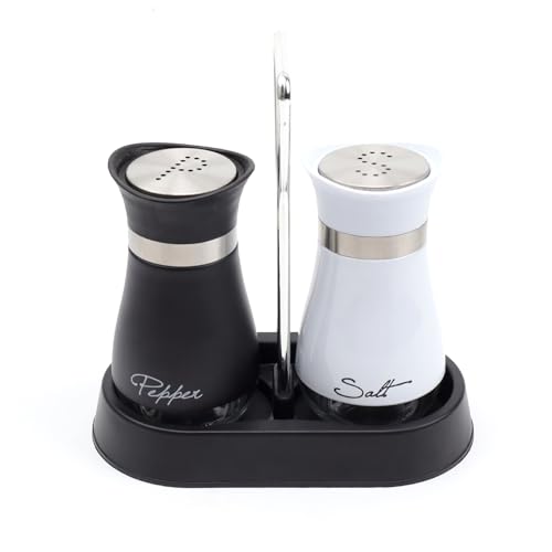SHENGYIG Salero y Pimentero Vidrio y Acero Inoxidable, 120 ml Dispensadores Sal y Pimienta, Blanco y Negro con Soporte, Práctico Coctelera para Especias en Cocina para Cocina, Camping y Restaurante
