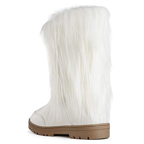 RF ROOM OF FASHION Women's Vegan Faux Long Fur Mid Calf Slip On Round Toe Lug Sole Eskimo Winter Boots White (8)
