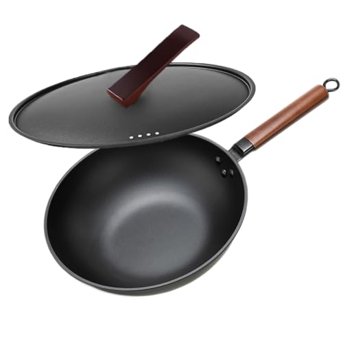 AKTJHS 13 Zoll Wok Antihaft mit Deckel, Wokpfanne Induktion Ohne Chemische Beschichtung und Großes Fassungsvermögen für 4-6 Personen, Flacher Boden, Geeignet für Induktion, Elektro- und Gasherde