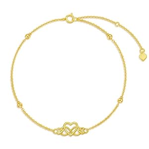 14K Real Gold Heart Anklet for Women, Yellow Gold Love Heart Knot Anklet Bracelet Foot Beach Jewelry Birthday Christmas Gifts for Her Mom Wife, 8″-10″