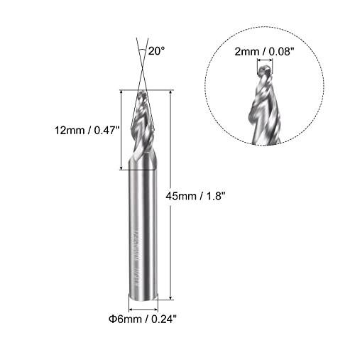 Image of uxcell Tapered Ball Nose End Mill, Uncoated Solid Carbide 2 Flute Spiral Milling Cutter, 1mm Radius, 2mm Diameter, 6mm Shank, 45mm Length, 20 Degree Angle