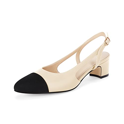 Womens Chunky Slingback Heels Low Heel Pumps Closed Toe Splicing Sexy Ankle Buckle Party Casual Office Dress Shoes Beige #TOP21