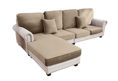 Image of Stretch Silver Fox Velvet Sectional Couch Covers - 4-Piece Sofa Cushion Covers for Left /Right L-Shaped Chaise, Soft and Comfortable Slipcovers for Sectional Sofa(3Seater+1Chaise,Leather Brown)