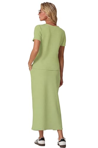 Image of GRECERELLE Women Summer Casual 2 Piece Sets V-Neck Wrinkle-Free Top & Elastic Waist Midi Side Slit Skirt with Pockets