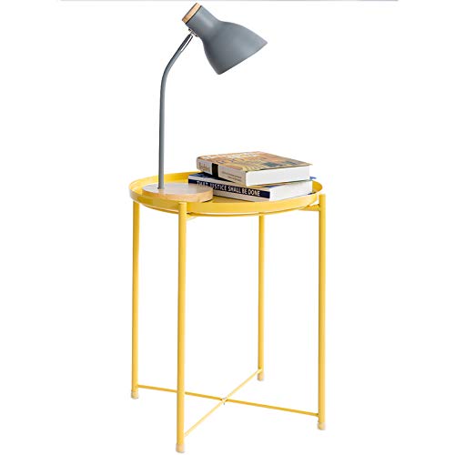 Hollyhome Tray Metal End Table, Sofa Table Small Round Side Tables, Anti-Rust And Waterproof Outdoor & Indoor Snack Table, Accent Coffee Table,（H） 20.28" X（D） 16.38", Yellow Cream #TOP3
