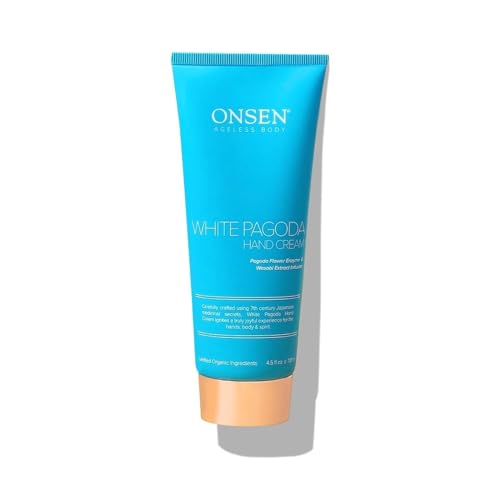 Onsen Secret Onsen White Pagoda Hand Cream | Japanese-Inspired Firming Hand Lotion with Pagoda Flower Enzyme, Tsubaki, Jojoba & Squalane | Nursing Essentials for Aging Hands | Vegan (4.5 oz)