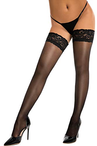 HONENNA Sheer Silky Thigh High Stay Up Silicone Lace Top Stockings (New Large, Black)