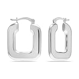 LeCalla 925 Sterling Silver Chunky Hoop Earrings for Women | Classic Retro U-Shaped Click-Top Hoop Earring | Oval Square Earrings Silver 27MM