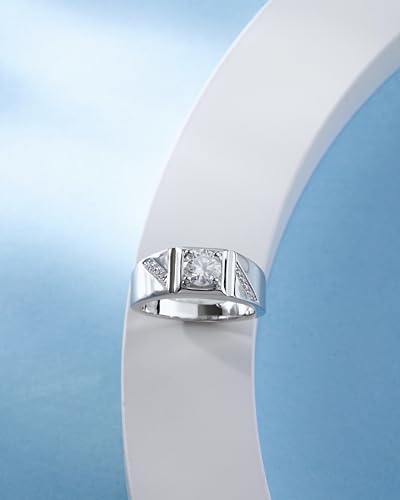 Moissanite Rings for Men 1 Carats 6.5mm Solitaire Diamond Wedding Sterling Silver with 18K White Gold Plated D Color VVS1 Clarity Brilliant Round Cut Moissanite Wedding Engagement Anniversary4