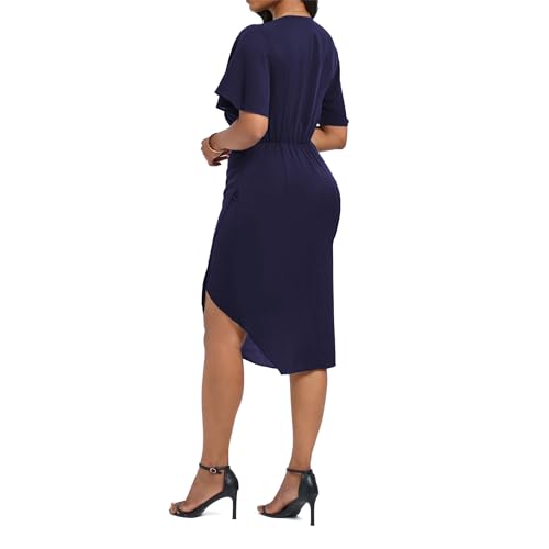Image of Women's Wrap V Neck Asymmetrical Hem Midi Ruched Cocktail Evening Dress | Back Zipper, Regular Fit, Club Night, Semi Office Formal, Wedding Dinner Date, Flutter Short Sleeve