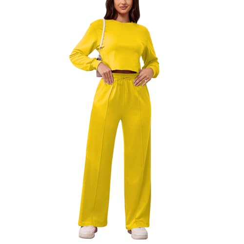 PINSV Women's 2 Piece Outfits Sweatsuit Set Long Sleeve Crop Top Drawstring Wide Leg Pants with Pockets Tracksuits Casual Set3