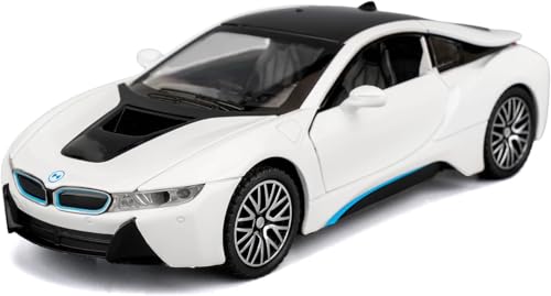 Image of 1:32 BMW i8 Diecast Toy Car Pull Back Metal Car with Openable Doors Sound & Light Features Realistic Kids Gift & Collectible Model for Boys & Girls (White)