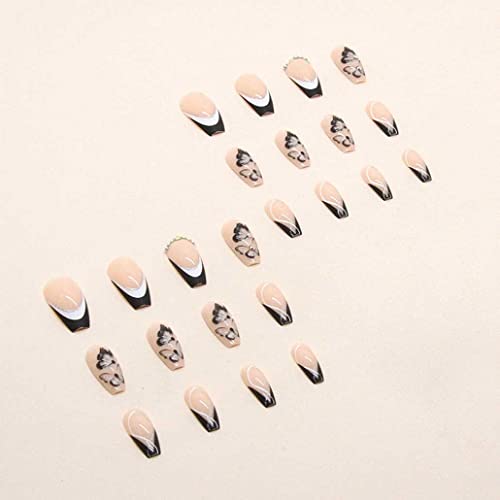 Foccna French Black Press on Nails Medium, Butterfly Fake Nails Nude Coffin Acrylic False Nails,Artificial Nails for Women and Girls-24pcs