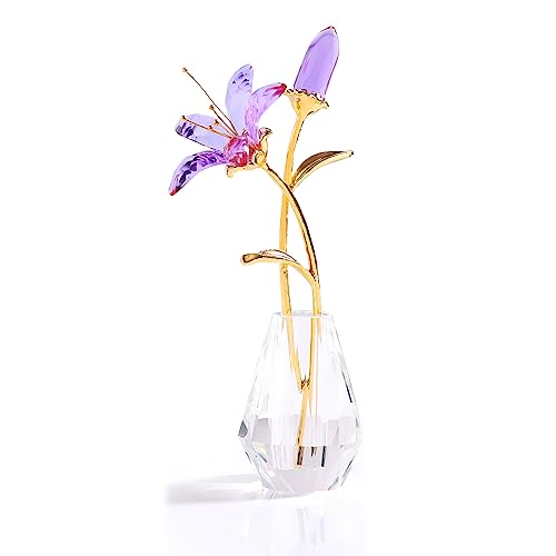 Ornalrist Crystal Lily Flower Figurine Collectible Gifts for Women, Glass Lilium Floral with Metal Stem Crystal Vase for Wedding Valentine's Day Party Home Ornament Decor (Purple)