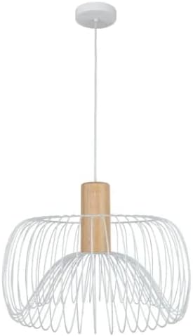 Modern Wire Cage Pendant Light, White Metal with Rubber Wood Cup, 45 cm Diameter, Scandinavian Style Ceiling Suspension Fixture