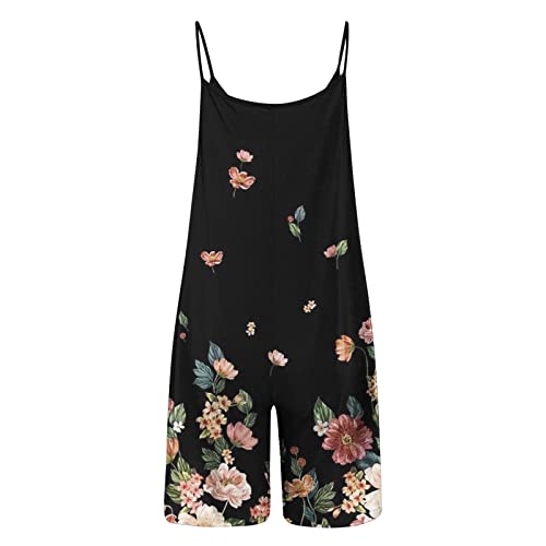 HAOLEI Short Jumpsuits for Women UK 2023 Casual Loose Fit Cami Rompers Sleeveless V Neck Overalls Short Playsuits Summer Beach Boho Stretchy Floral Jumpsuit Holiday Short Dungarees with Pockets - Image 2
