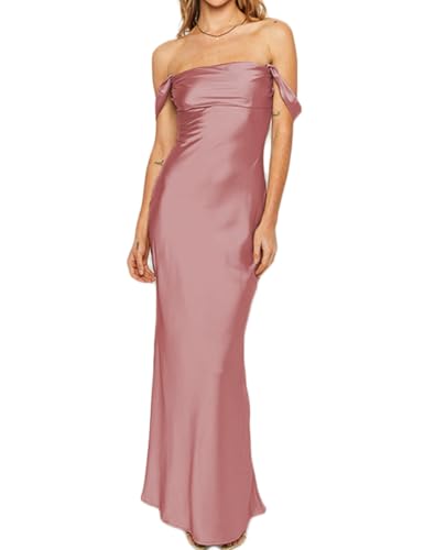 Image of Realtix Satin Off The Shoulder Strapless Bridesmaid Maxi Dress for Women | Elegant,Ruched,Backless,Long,Tube,Sleeveless,Bridesmaid,Wedding Guest,Evening,Cocktail Party,Semi Formal,Garden Party